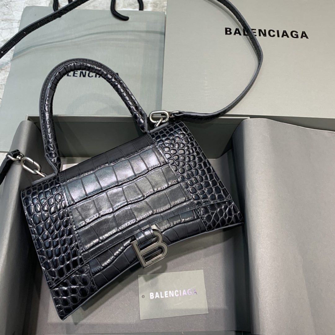 Balenciaga Hourglass Small Handbag Crocodile Embossed Shoulder Bag Black